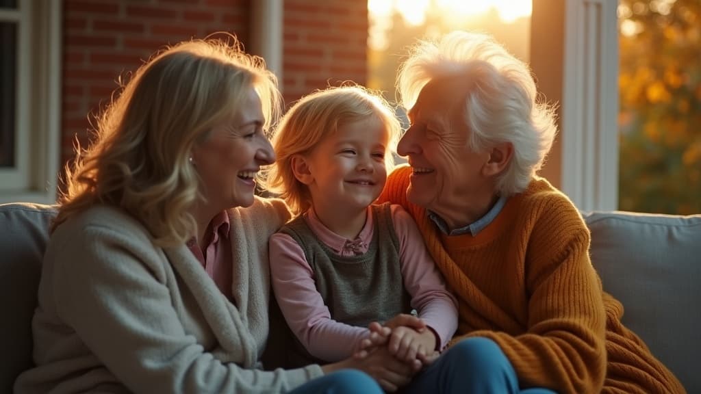 Three generations of a family on a sunlit porch